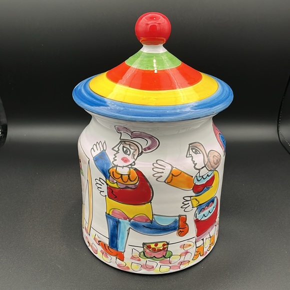 La Musa Italian hand painted ceramic cookie jar. Colorful Picasso style figures. - Picture 5 of 14